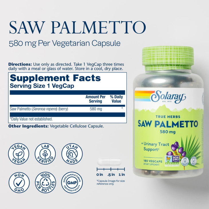 SOLARAY Saw Palmetto Berry 580 mg, Healthy Prostate and Urinary Tract Support from Fatty Acids & Plant Sterols for Men and Women, Non-GMO, Vegan & La