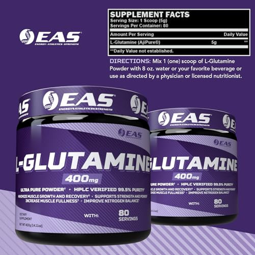 EAS L-Glutamine Powder | 99.5% Purity AjiPure Glutamine | Maximize Muscle Growth & Recovery | Improve Nitrogen Balance | 400mg, 80 Servings (Unflavor