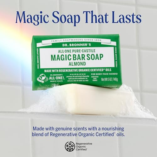 Dr. Bronner's - Pure-Castile Magic Bar Soap (Almond, 5 oz, 6-Pack) - Made with Regenerative Organic Certified Oils- For Face, Body & Hair, Gentle, Ve