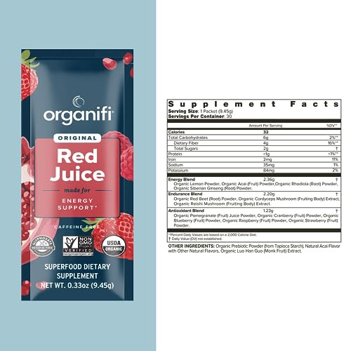 Organifi Red Juice - Energy Powder Reduces Afternoon Crashes and Boosts Digestion and Immune System, 15 Go Packets
