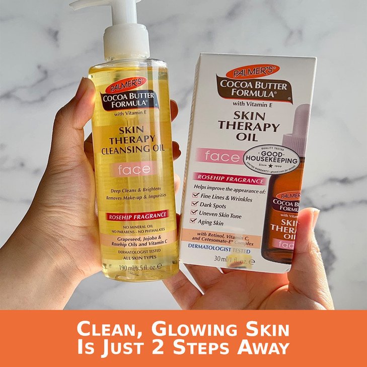 Palmer's Face Oil + Facial Cleanser Oil, Cocoa Butter with Vitamin E & Rosehip Fragrance Skin Care Bundle, Includes 1 Cleansing Oil to Clean & Bright