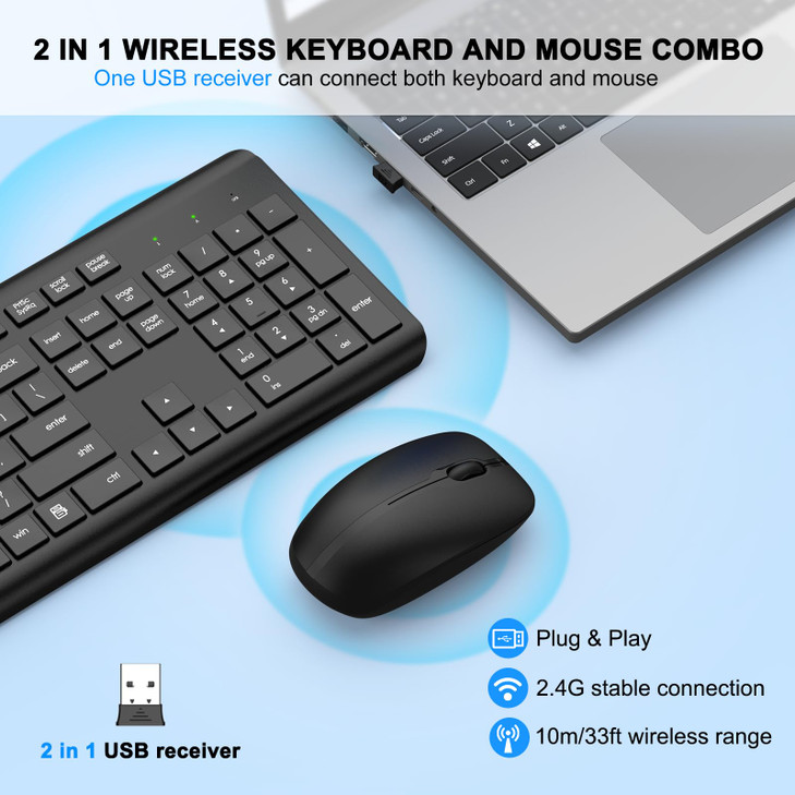 Wireless Keyboard and Mouse Combo, Full Size Silent Ergonomic Keyboard and Mouse, Long Battery Life, Optical Mouse, 2.4G Lag-Free Cordless Mice Keybo