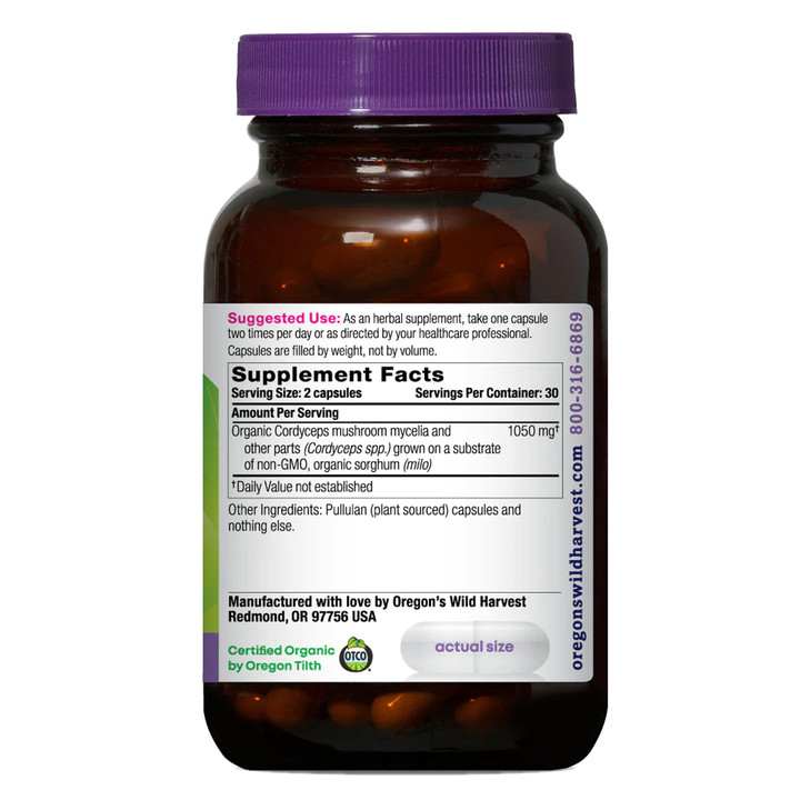 Oregon's Wild Harvest Cordyceps Organic Mushroom Herbal Supplement (Freeze-Dried) | Endurance and Stamina Support, 60 Count