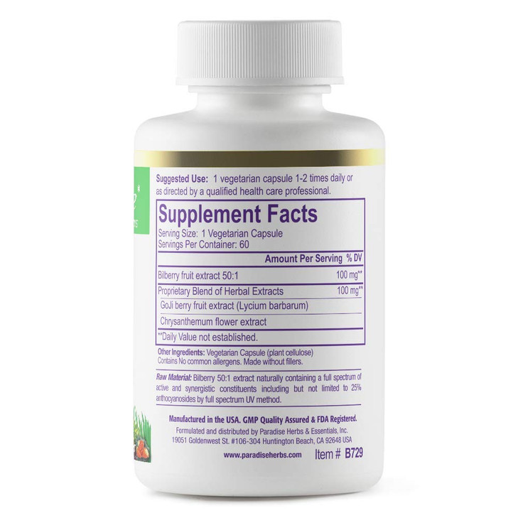 Paradise Herbs Bilberry with Goji & Chrysanthemum Supplements, Super Potent, Ultra Pure, Non-GMO, Gluten Free, Vegan, 60 Vegetarian Capsules