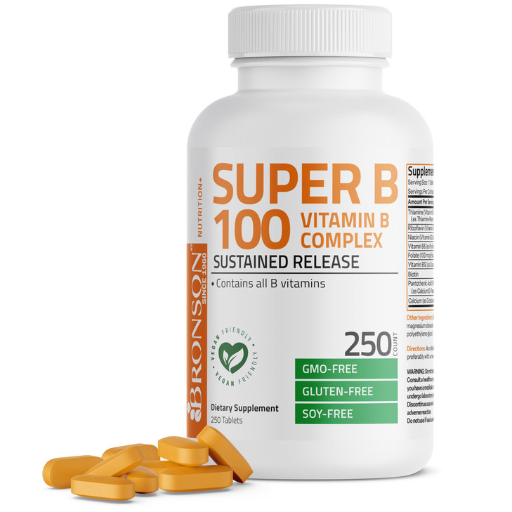 Bronson Super B 100 Vitamin B Complex Sustained Release Contains All B Vitamins (Vitamin B1, B2, B3, B6, B9 - Folic Acid, B12) Supports Energy Metabo