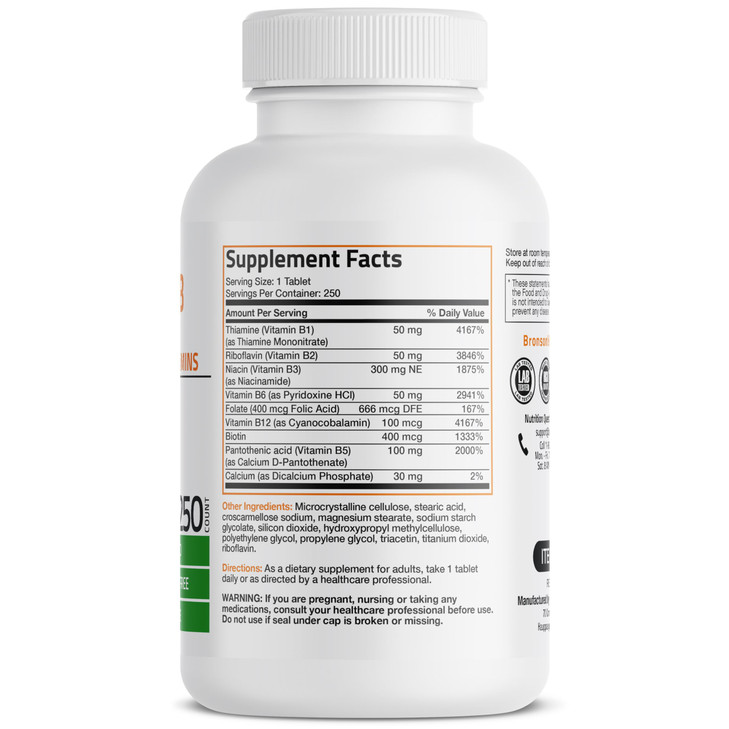 Bronson Vitamin B Complex (Vitamin B1, B2, B3, B6, B9 - Folic Acid, B12), 250 Tablets