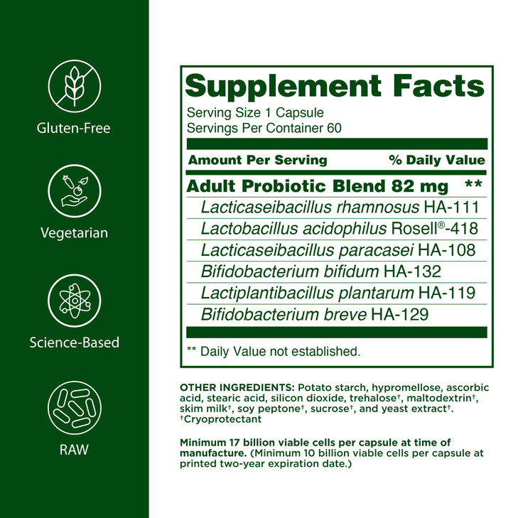Flora Adult's Probiotic - Vegetarian Daily Probiotic for Gut & Digestive Health - Includes Lactobacillus & Bifidobacterium - 17 Billion CFU - Gluten-