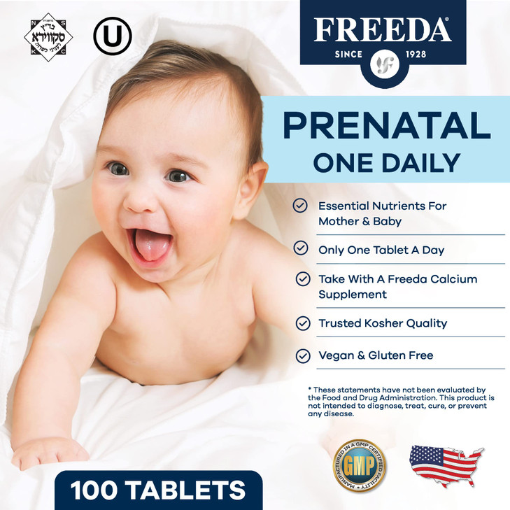 FREEDA Prenatal Vitamin - Kosher Prenatals - Prenatal Vitamins with Iron, Prenatal Folic Acid, Choline, Vitamin D - One Daily Pre Natal Multivitamin
