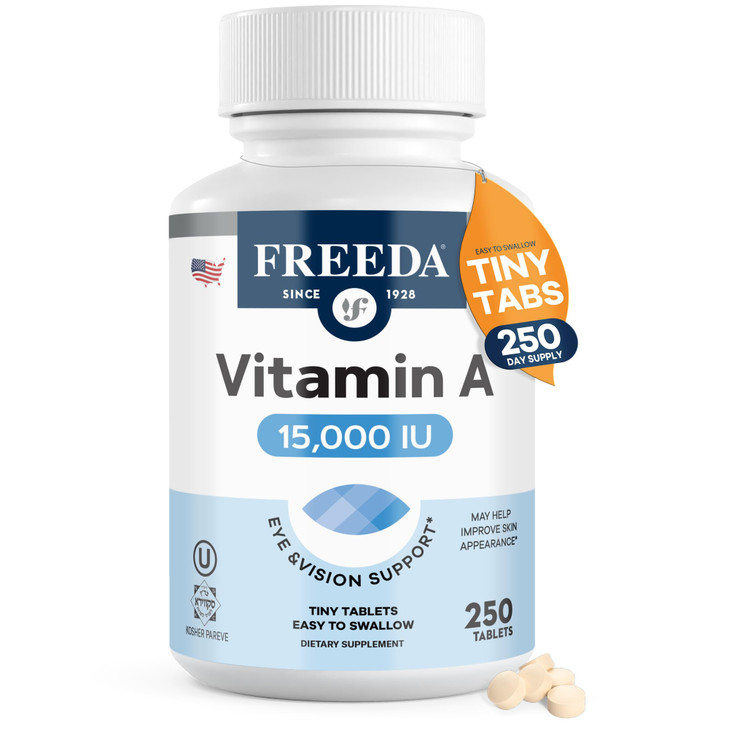 Freeda Vitamin A 15,000 IU  Retinyl Palmitate  Vegan, Kosher, No Fish  Eye, Vision, Immune & Skin Support  Tiny Easy-to-Swallow Tablets  VIT A V