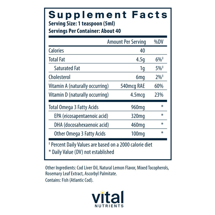 Vital Nutrients - Ultra Pure Cod Liver Oil 1025 (Pharmaceutical Grade) - 100% Pure Norwegian Cod Liver Oil - 200 ml per Bottle