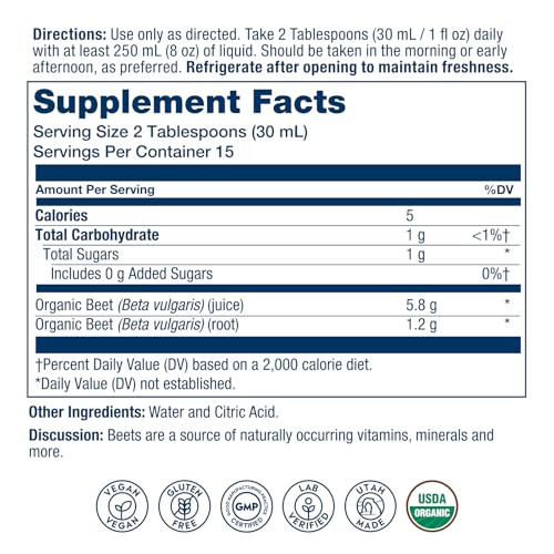 SOLARAY Organic Beetroot Juice from Concentrate - Energy & Heart Health Support for Men & Women, No Added Sugar, Unsweetened, Organic Beet Root, Liqu