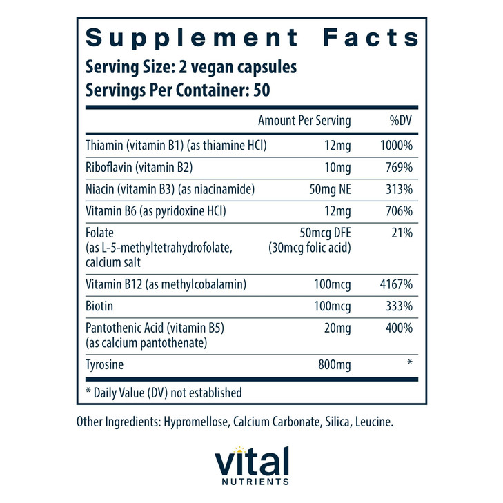 Vital Nutrients Tyrosine and B Vitamins - Thyroid, Immune, and Nerve Support Formula - Adrenal Support Complex - Gluten, Dairy, Soy Free - Non-GMO -