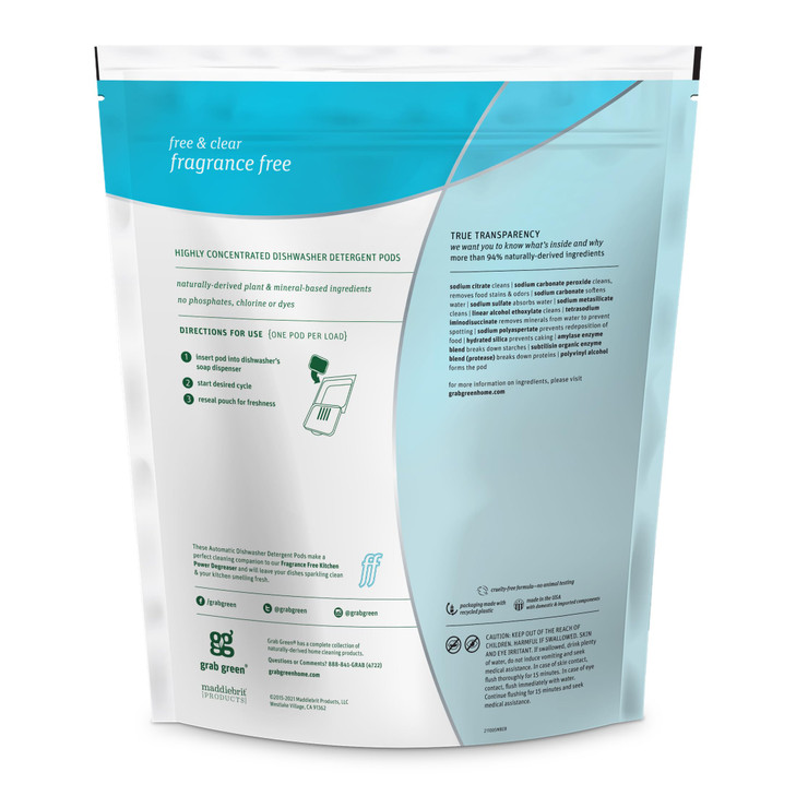 Grab Green Natural Dishwasher Detergent Pods, Free & Clear/Unscented, 60 Count, Fragrance Free, Organic Enzyme-Powered, Plant & Mineral-Based