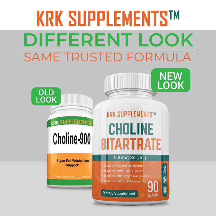 2 Bottles Choline Bitartrate 900mg Per Serving 180 Total Capsules KRK Supplements