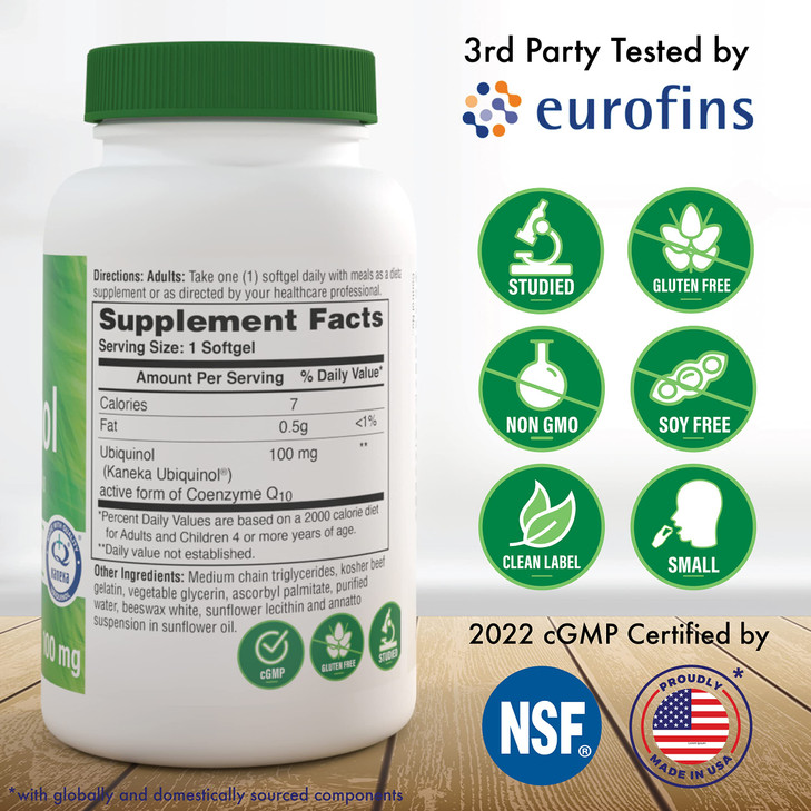 Health Thru Nutrition Ubiquinol 100mg 60 Softgels as Kaneka QH Reduced CoQ-10 | Stabilized - 3rd Party Tested | Enhanced Bioavailability | Cardiovasc