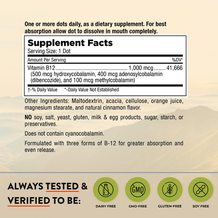 Mt. Angel Vitamins - Triple B-12 Dots | Fast-Dissolving Dots, Blend of Methylcobalamin, Adenosylcobalamin & Hydroxocobalamin, Supports Energy and Ner