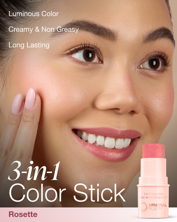 Mineral Fusion 3-in-1 Color Stick - Hydrating Cream Blush Tint for Cheek, Lip and Eye - Natural Multi Use Makeup (Rosette)