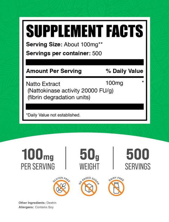 BulkSupplements.com Nattokinase 2000 FU Powder - Sourced from Natto Extract, Nattokinase Supplement - 100mg of Natto Powder per Serving, 50g (1.8 oz)