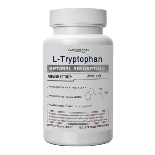 Superior Labs L-Tryptophan 500 mg Capsules, Pure Non-GMO Amino Acid, High Absorption, Supports Sleep and Mood, Helps with Occasional Stress, PMS Supp