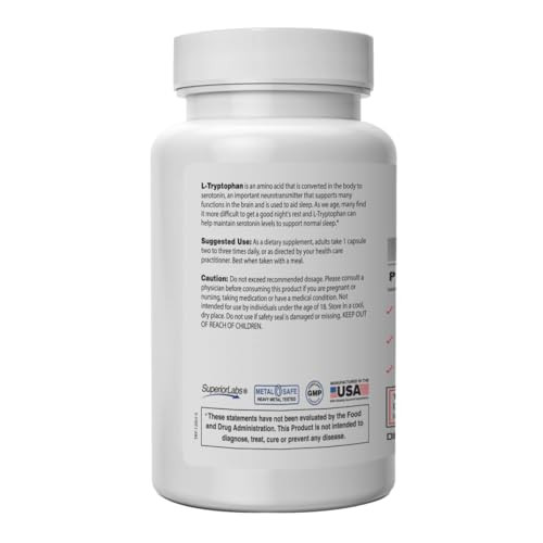 Superior Labs L-Tryptophan 500 mg Capsules, Pure Non-GMO Amino Acid, High Absorption, Supports Sleep and Mood, Helps with Occasional Stress, PMS Supp