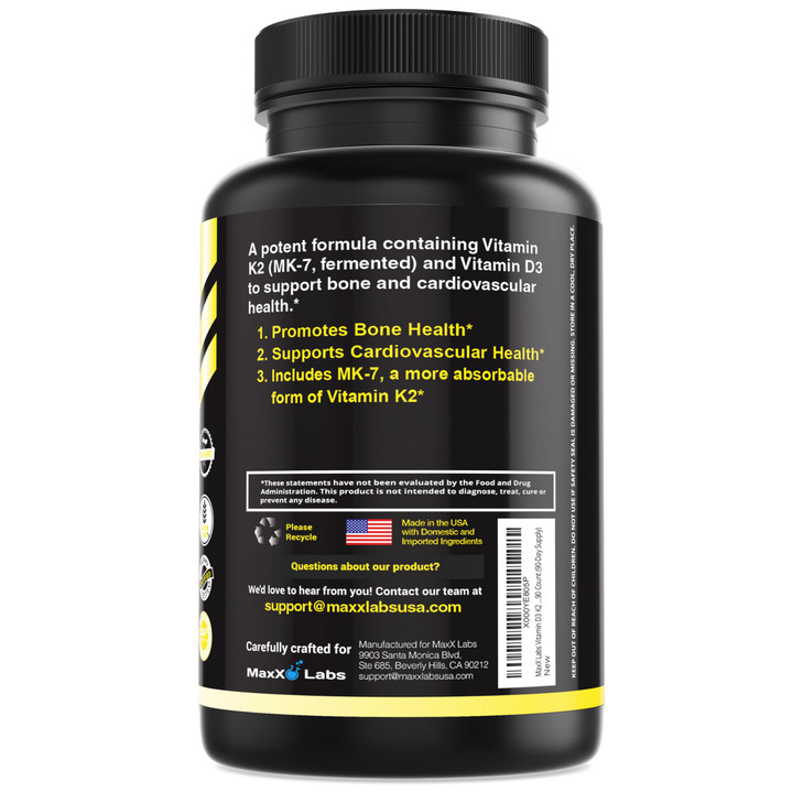 MaxX Labs Vitamin D3 K2 3000 IU - with Vitamin K as MK-7 from Natto - High Potency Vitamin D Supplement Support Healthy Bones, Teeth, Heart & Immune