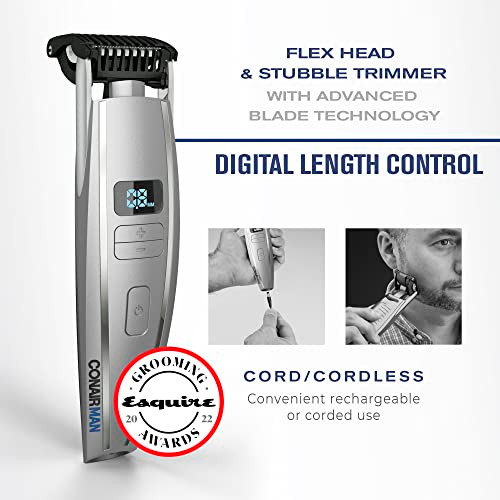ConairMAN Beard Trimmer for Men, for Face and Mustache, Wet/Dry Beard and Stubble Trimmer, Flex Contouring Head with 15 Precise Settings and Premium