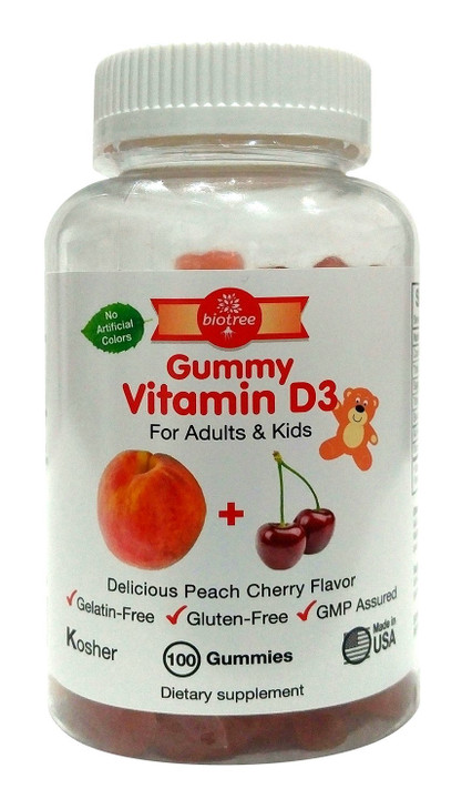 BioTree Labs Vitamin D Gummy Bears - Pack of 100, for Adults & Kids | Peach & Cherry Flavored Chewable Vitamin D3 | Great for Healthy Bones, Teeth, I