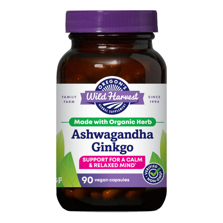 Oregon's Wild Harvest Ashwagandha Ginkgo Organic Non-GMO Herbal Supplements Vegan Plant sourced Capsules | Support for Calm and Relaxed Mind, 90 Coun