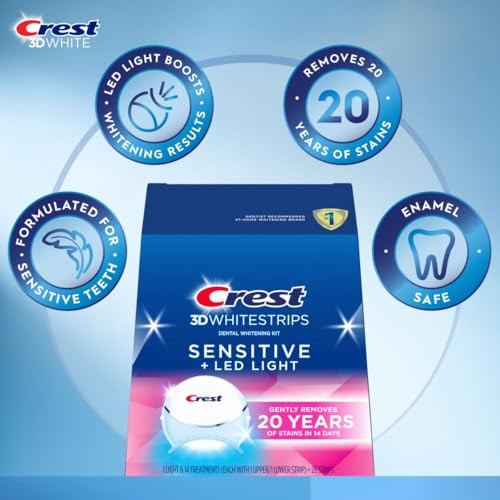 Crest 3D Whitestrips Sensitive & Gentle + LED Light  Teeth Whitening Kit, 1 Light + 14 Treatments, Each with 1 Upper/1Lower, 28 Strips  Crest 3DWhi