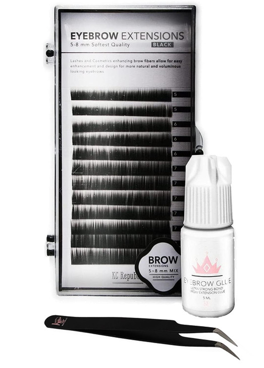 Eyebrow Extensions Kit with 1 x Trays of Mink Eyebrows in Black Comes on Mixed Length Trays 5-8 Mm Mix, Eyebrow Extension Glue Clear & Extension Twee