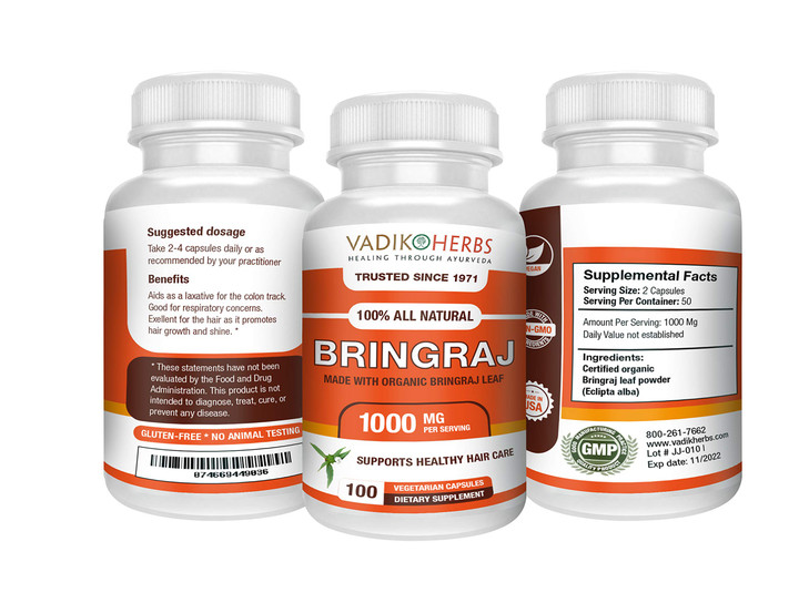 Vadik Herbs Organic Bringraj Bhringraj (Eclipta erecta, Eclipta alba) Powder 100 Vegicaps | Promotes Healthy Hair Growth