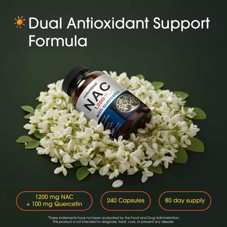 NatureBell NAC 1,200mg with Quercetin - 240 Capsules - N-Acetyl Cysteine - Antioxidant Supplement for Cellular Health - Supports Liver, Lung & Immune