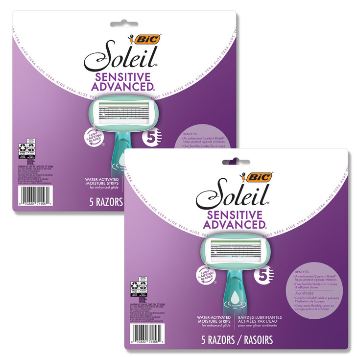 BIC Soleil 5 Sensitive Women's Disposable 5 Blade Razors, 360 Degree Moisture Strips, Anti-Slip Grip, 10-Pack