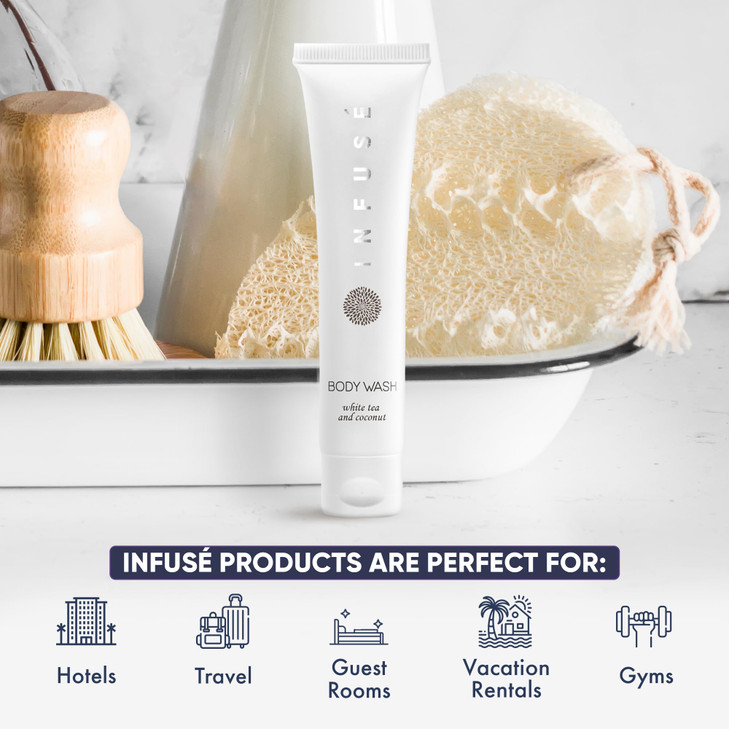 Travel Size Hotel Body Wash 20 Count 1 oz Bottles Guest Amenities for Hotels Vacation Rentals and Short Term Rentals Paraben Free White Tea and Cocon