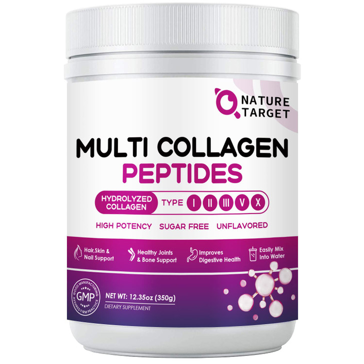NATURE TARGET Multi Collagen Peptides Powder - Type I, II, III, V, X - Hydrolyzed Collagen Peptides with Vitamin C Hyaluronic Acid, Supports Skin Hai