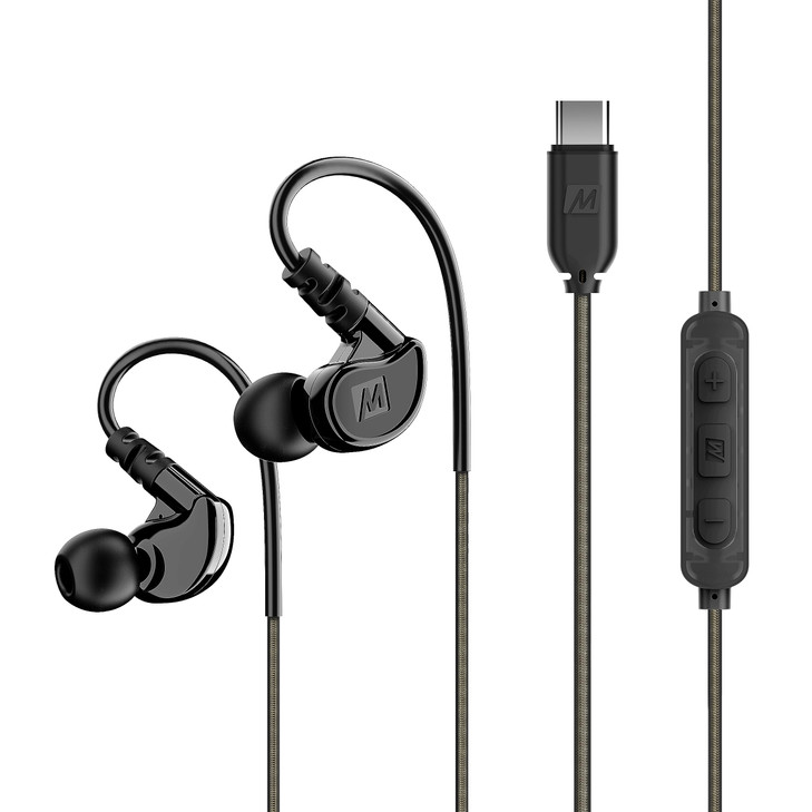 MEE Audio M6 Sport USB-C Wired Earbuds with Memory Wire Earhooks, Headset with Mic & 3-Button Remote for iPhone 15, iPad, Other USB Type C Devices; i