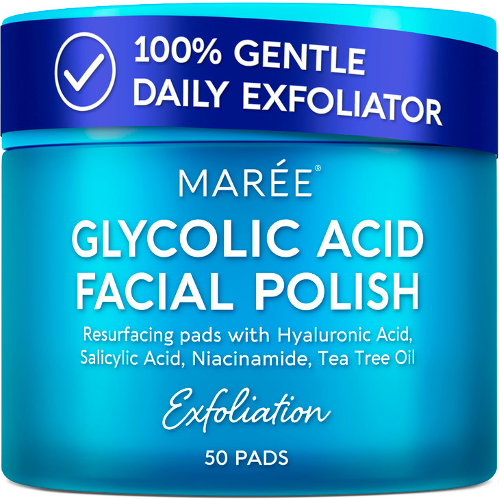 MAREE Glycolic Acid Pads - Toner Pads for Face Cleansing - Exfoliating Pad with Tea Tree Oil, Salicylic Acid & Vitamins E, B3, B5 - Acne Clearing, Sk