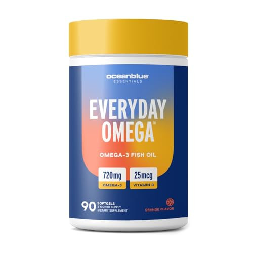 Oceanblue Essentials Everyday Omega 3  90 Count  Burpless Fish Oil Supplement with Vitamin D3  EPA & DHA for Heart and Immune Support  Non-GMO 