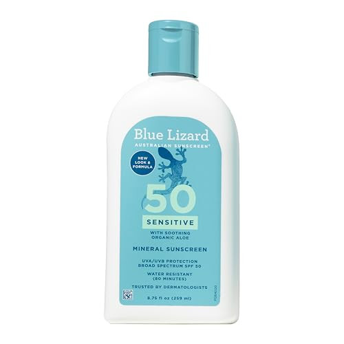 Blue Lizard SENSITIVE Mineral Sunscreen with Zinc Oxide, SPF 50+, Water Resistant, UVA/UVB Protection with Smart Bottle Technology - Fragrance Free,
