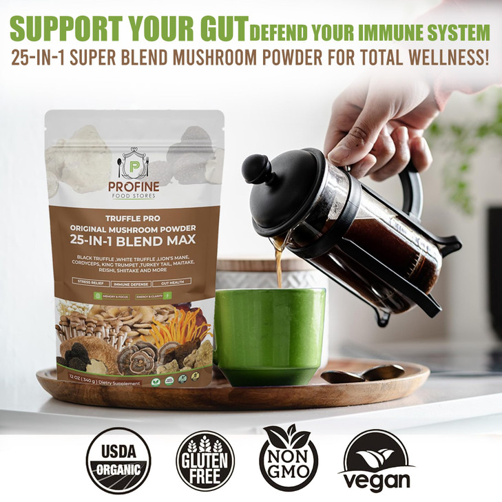 PROFINE Truffle PRO Mushroom Powder 25- in - 1 Super Blend with Black Truffle and White Truffle - USDA Organic - Add to Coffee/Tea/Smoothies - Whole