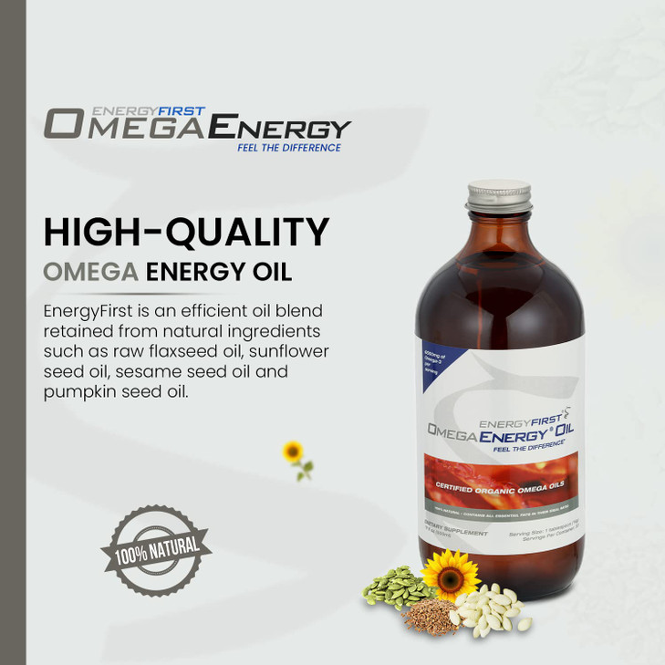 EnergyFirst Omega Energy Oil - Omega 3 & 6 Supplement with Flaxseed, Sunflower, Sesame & Pumpkin Seed Oil, Vegan Antioxidant & 12oz