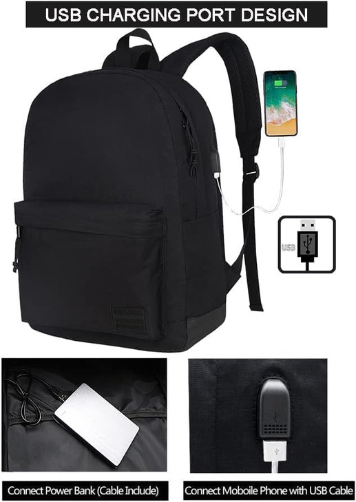 SUPACOOL Casual Laptop Backpack for Men and Women, Work backpack, Black Backpacks, College School Backpack for Boys and Girls, USB Charging Port, Lig