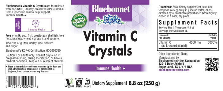 Bluebonnet Nutrition Vitamin C Crystals, for Immune Health, for Antioxidant Protection, Soy Free, Gluten Free, Non-GMO, Kosher, Dairy Free, Vegan, Po