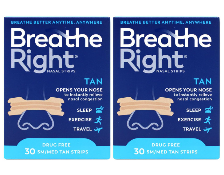 Breathe Right Nasal Strips Tan, Drug-Free Relief for Nasal Congestion, Small/Medium 30 Strips (Pack of 2)