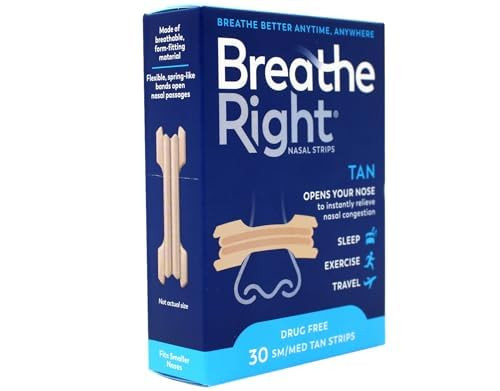 Breathe Right Nasal Strips Tan, Drug-Free Relief for Nasal Congestion, Small/Medium 30 Strips (Pack of 2)