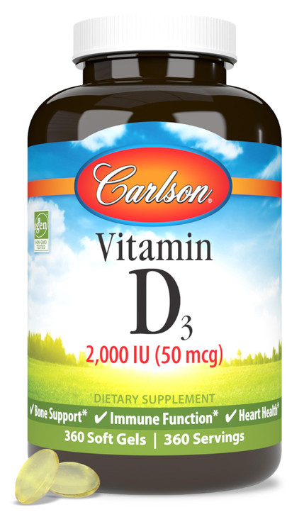 Carlson - Vitamin D3, 2000 IU (50 mcg), Bone & Immune Health, Vitamin D Supplements, Cholecalciferol Supplement, Gluten Free Vitamin D Capsules, 360