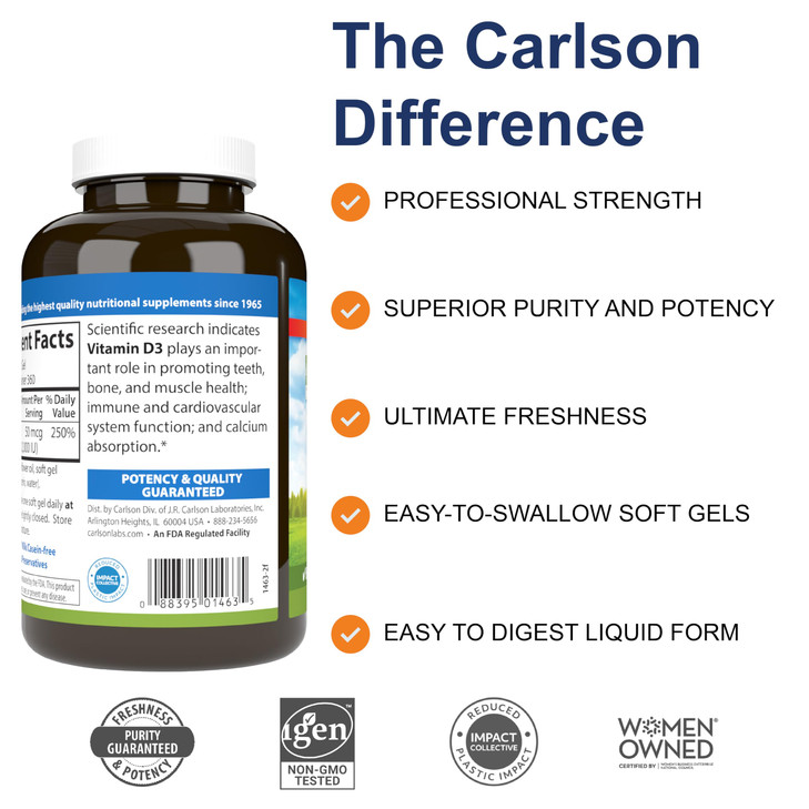 Carlson - Vitamin D3, 2000 IU (50 mcg), Bone & Immune Health, Vitamin D Supplements, Cholecalciferol Supplement, Gluten Free Vitamin D Capsules, 360