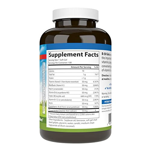 Carlson - B-50 Gels, Vitamin B Complex, Energy Production, Cellular Support & Optimal Wellness, 100 Softgels