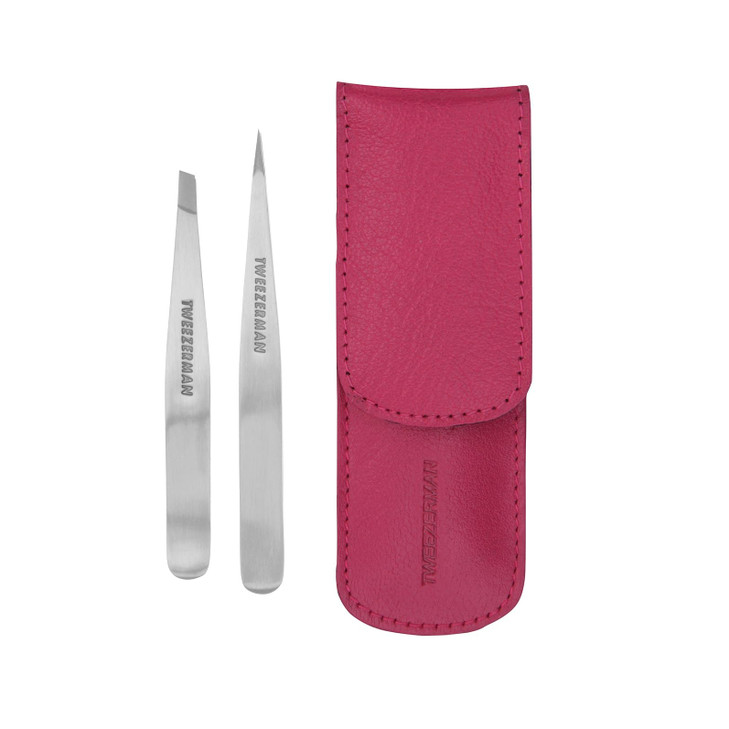 Tweezerman Petite Tweeze Set with Travel Case - Point and Slant Tweezers, Tweezers for Travel (Pink Case)