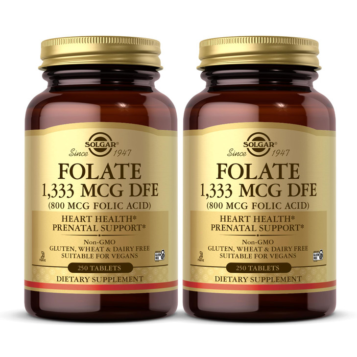 Solgar Folate 1,333 mcg DFE (Folic Acid 800 mcg) - 250 Tablets, Pack of 2 - Prenatal Support - Non-GMO, Vegan, Gluten Free, Dairy Free, Kosher, Halal